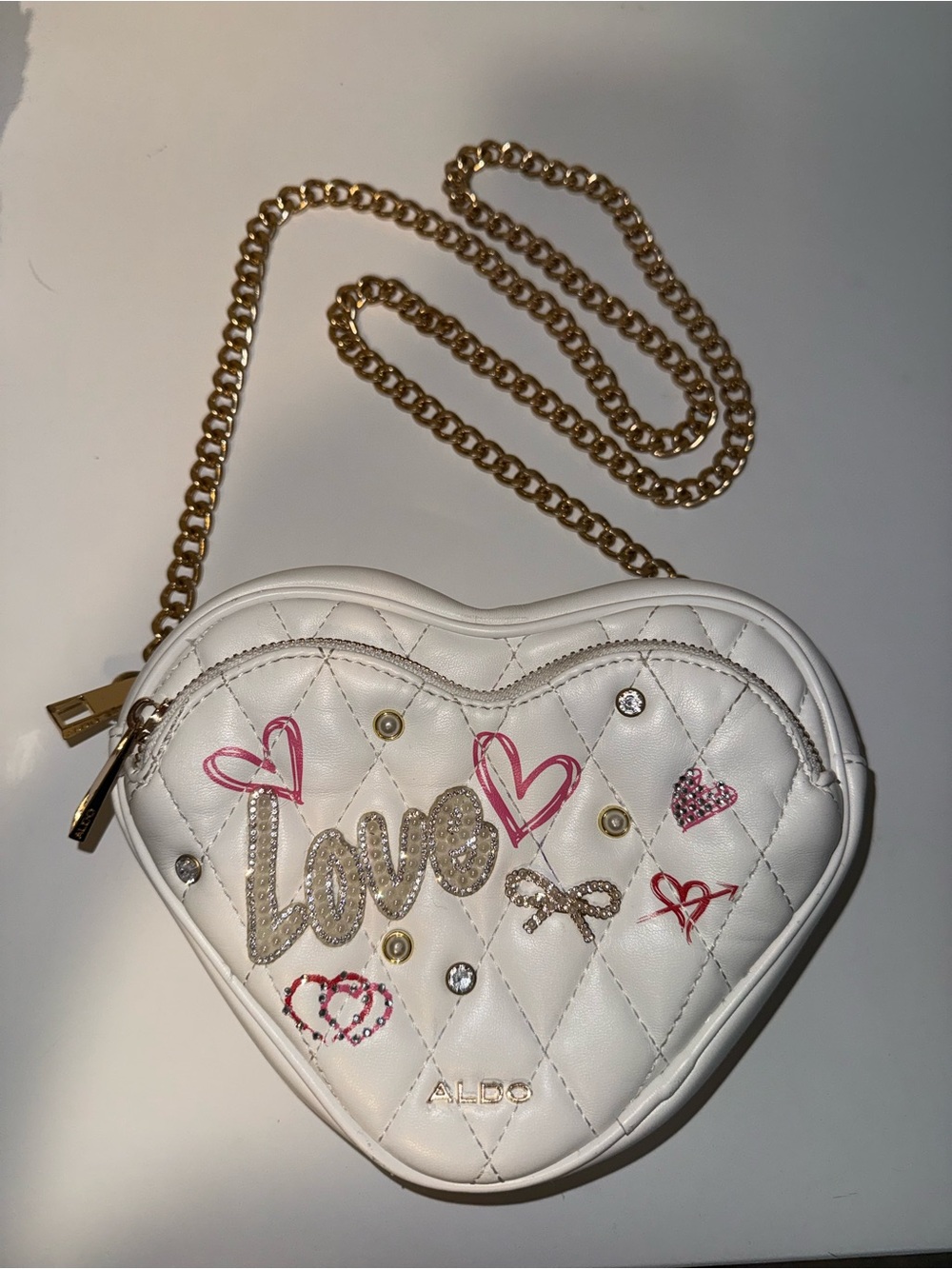 ALDO White Quilted Heart Crossbody with Gold Chain and Pink Heart Accents